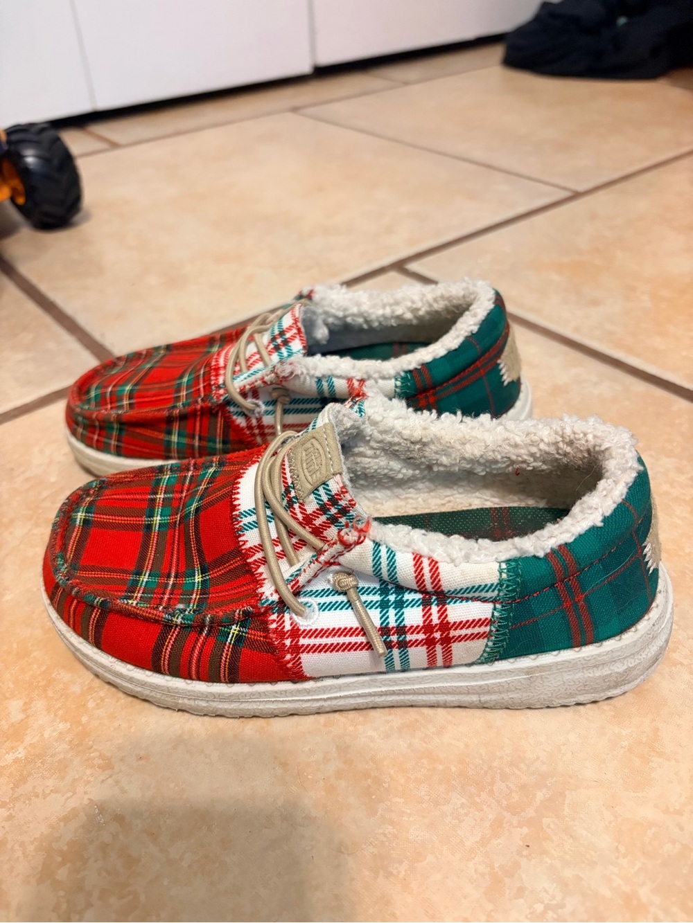Hey Dude Kids Plaid Slip-On Sneakers in Red & Green